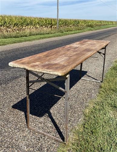 Stained Vintage German Beer Garden Table, Portable Industrial Wood Table, A7