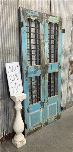 Vintage Indian Garden Gates, Carved Teak Metal Doors, Architectural Salvage A109