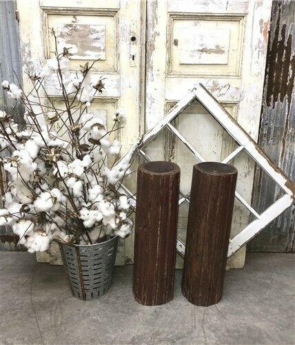 Pair Vintage Carved Wood Pillar Architectural Salvage Candle Stand Holders a