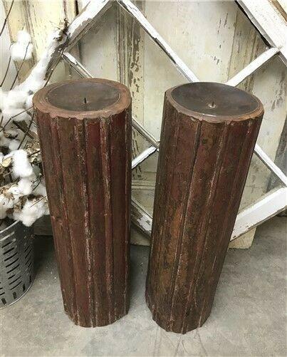 Pair Vintage Carved Wood Pillar Architectural Salvage Candle Stand Holders a