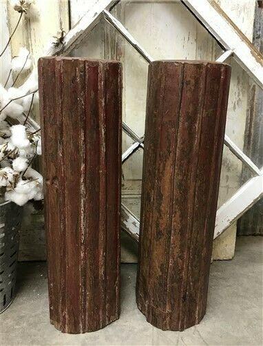 Pair Vintage Carved Wood Pillar Architectural Salvage Candle Stand Holders a