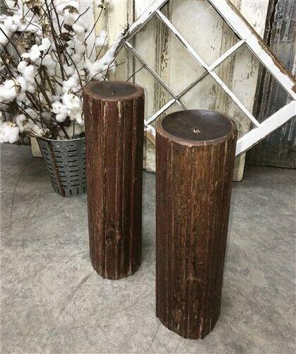 Pair Vintage Carved Wood Pillar Architectural Salvage Candle Stand Holders a