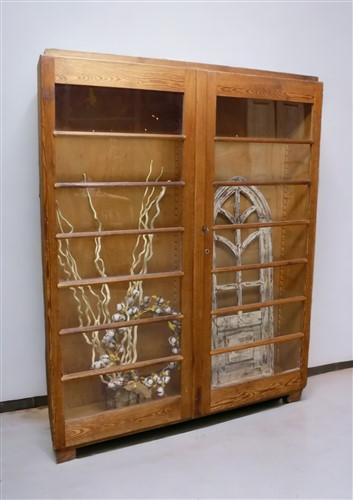 Vintage Wood Storage Cabinet Bookcase with Glass Doors, Storage, Rustic Cupboard