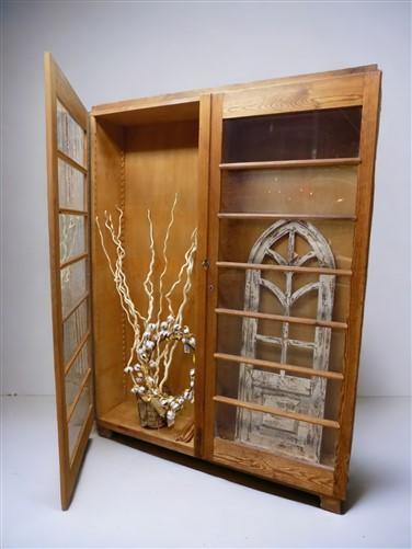 Vintage Wood Storage Cabinet Bookcase with Glass Doors, Storage, Rustic Cupboard