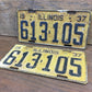 1937 Illinois Black Yellow License Plate Tags, Original 613105 Vintage