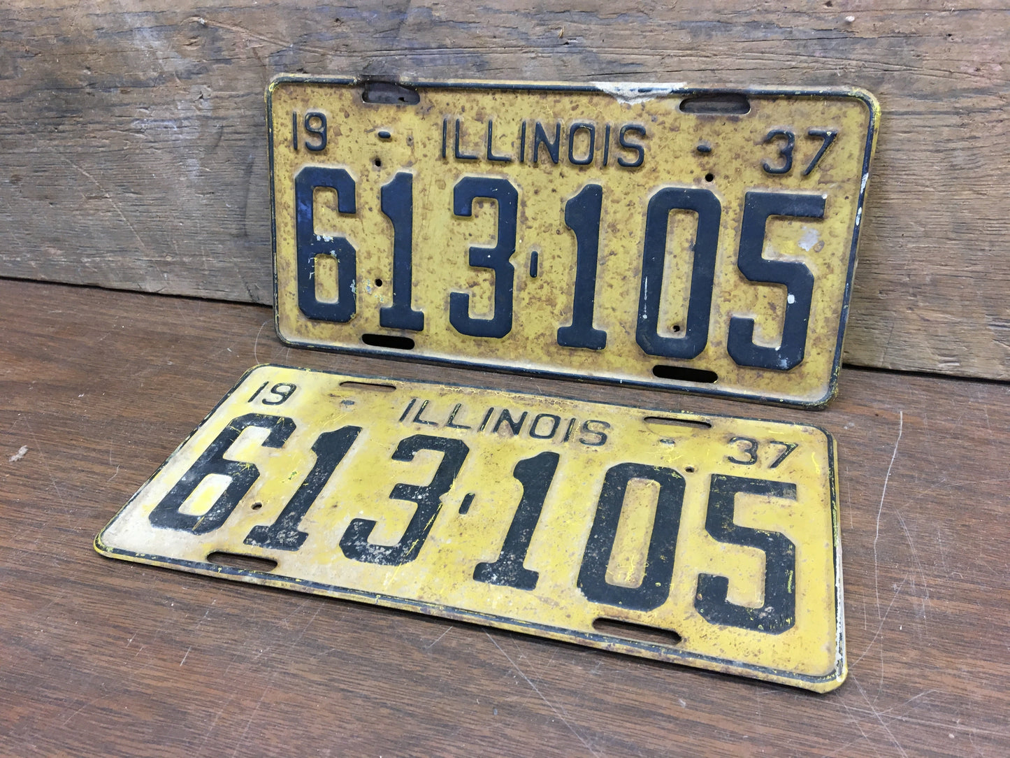 1937 Illinois Black Yellow License Plate Tags, Original 613105 Vintage