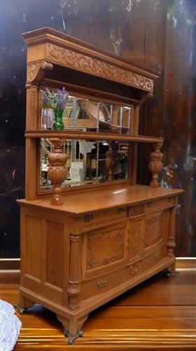 Oak Sideboard Buffet Vintage Dining Room Table Server Mirror, Cupboard Dresser