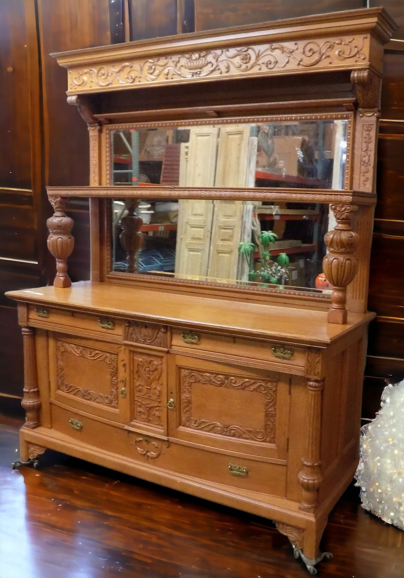 Oak Sideboard Buffet Vintage Dining Room Table Server Mirror, Cupboard Dresser