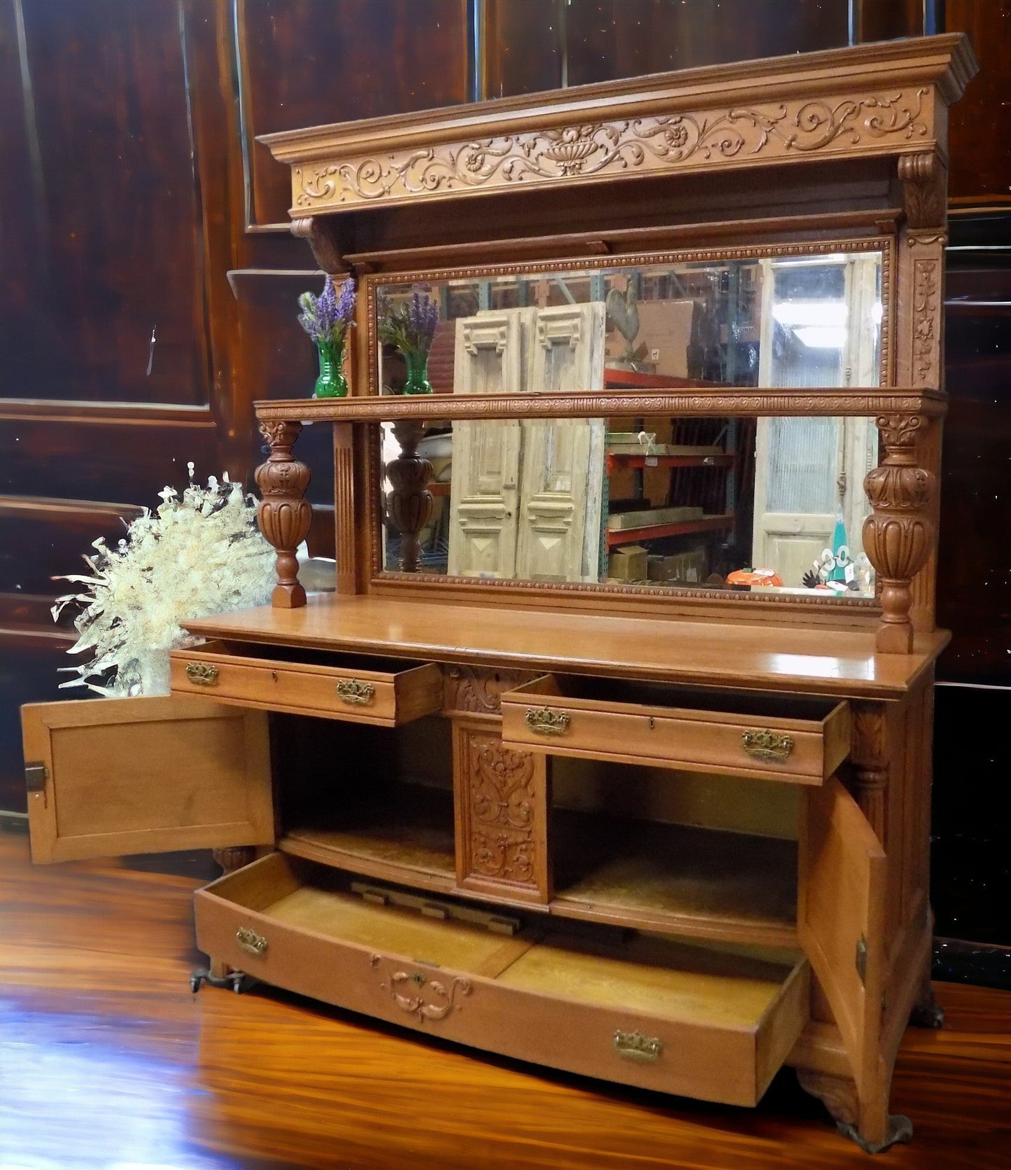 Oak Sideboard Buffet Vintage Dining Room Table Server Mirror, Cupboard Dresser