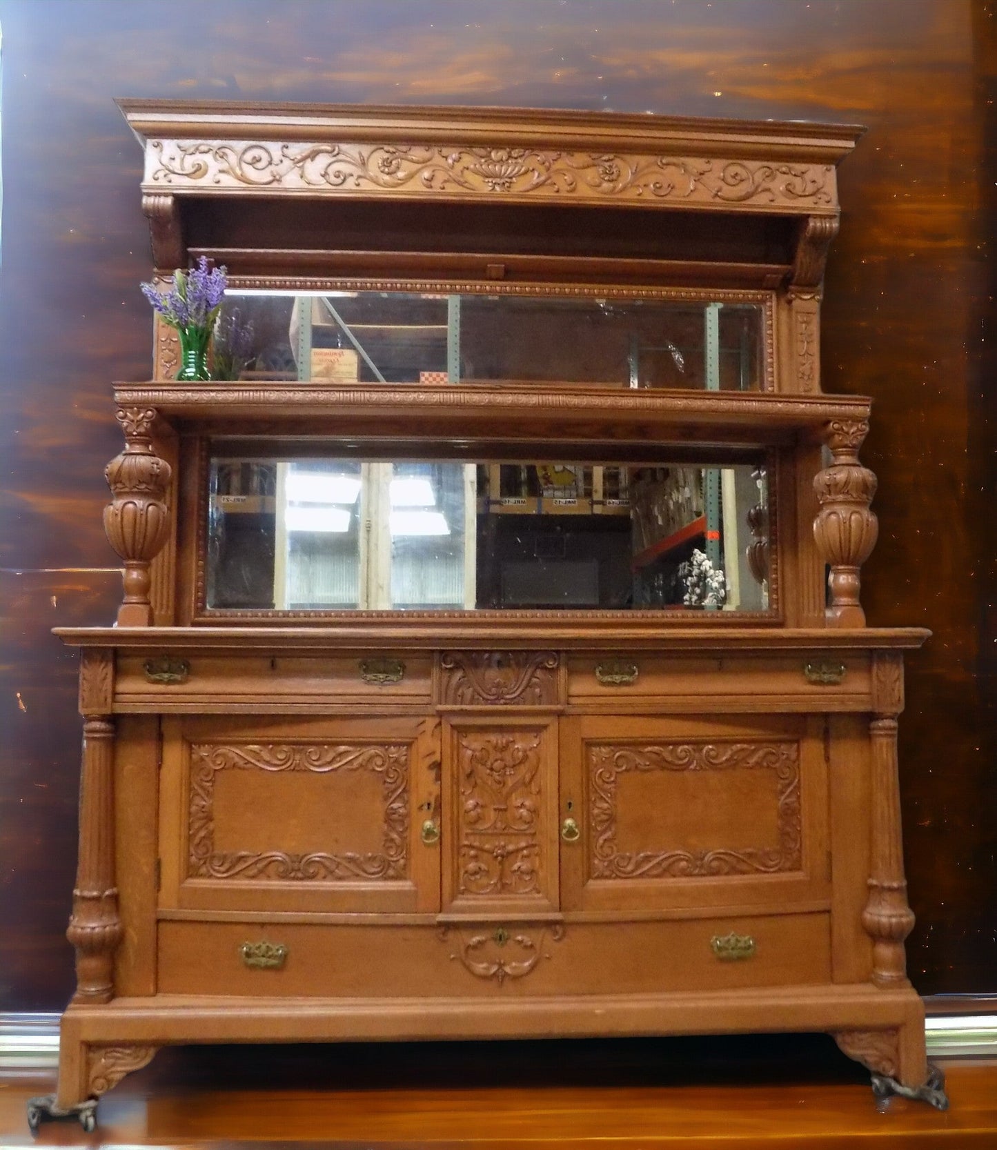 Oak Sideboard Buffet Vintage Dining Room Table Server Mirror, Cupboard Dresser