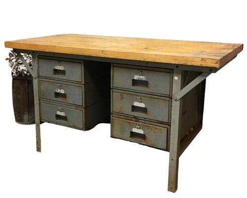 Vintage Butcher Block Table, Industrial Age Workbench, Steel Desk, Store Counter