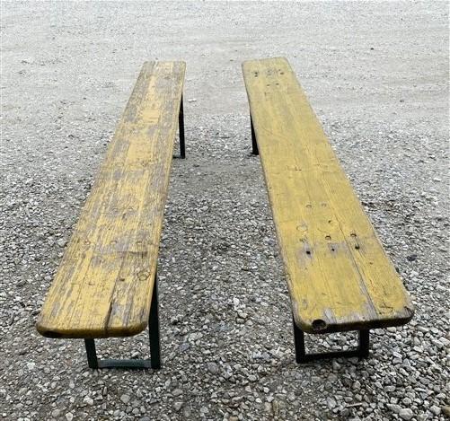 Pair Vintage German Beer Garden Benches, Portable Industrial Wood Bench Seats E,