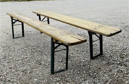 Pair Vintage German Beer Garden Benches, Portable Industrial Wood Bench Seats E,