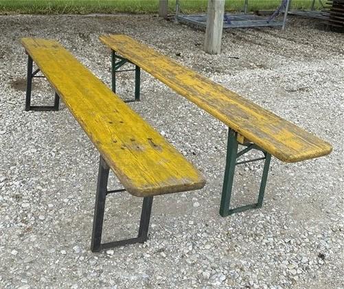 Pair Vintage German Beer Garden Benches, Portable Industrial Wood Bench Seats E,