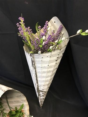 2 White Tin Flower Cones, Rustic Hanging Vase Pockets, Hanging Flower Holder,