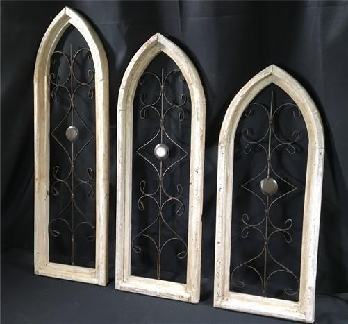 Set 3 Wood Metal Gothic Window Frames, Distressed Architectural Window Decor