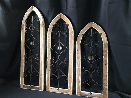 Set 3 Wood Metal Gothic Window Frames, Distressed Architectural Window Decor