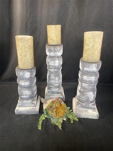 Set 3 Gray Wooden Pillar Candlestick Holders, Mantel Decor, Table Centerpiece,