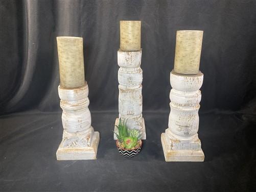 Set 3 White Wooden Pillar Candlestick Holders, Mantel Decor, Table Centerpiece,