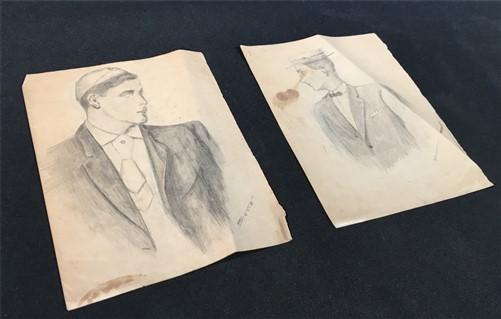 1908 Folk Art Pencil Sketches, W Hill Hand Sketched Drawing, 2 Pencil Portraits,