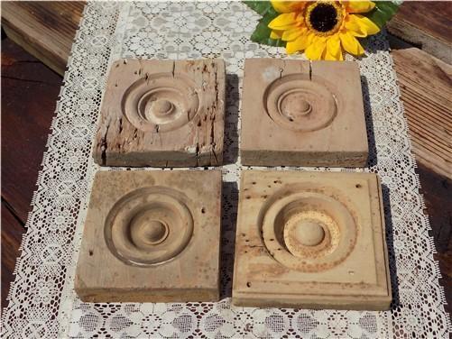4 Plinth Blocks, Antique Bullseye Rosettes, Architectural Salvage, Wood Trim A10