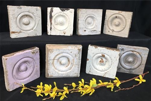 8 Plinth Blocks, Antique Bullseye Rosettes, Architectural Salvage, Wood Trim A25