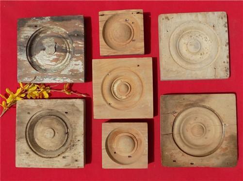 7 Plinth Blocks, Antique Bullseye Rosettes, Architectural Salvage, Wood Trim A22