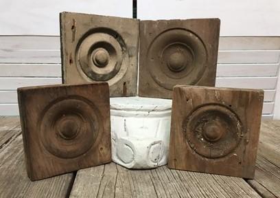 4 Plinth Blocks, Antique Bullseye Rosettes, Architectural Salvage, Wood Trim A32