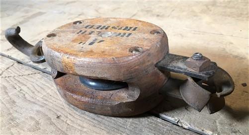 Roller Bushed Wood Cast Iron Pulley, Barn Trolley Block Tackle, Vintage Barn,