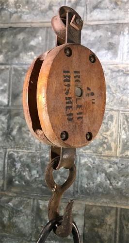 Roller Bushed Wood Cast Iron Pulley, Barn Trolley Block Tackle, Vintage Barn,