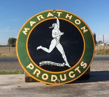 Marathon Products Sign, Metal Porcelain Advertising Sign, Gas Petroleum B