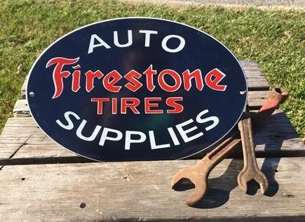 Firestone Tires Auto Supplies Sign, Metal Porcelain Advertising, Gas Station B