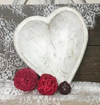 White Wood Heart Bread Dough Bowl, Rustic French Country Carved Centerpiece P