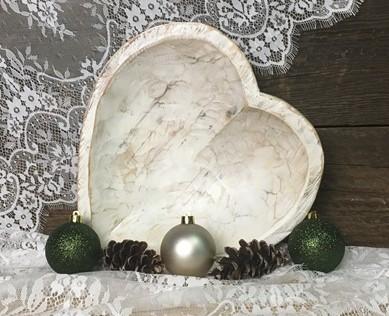 White Wood Heart Bread Dough Bowl, Rustic French Country Carved Centerpiece O