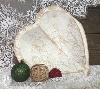 White Wood Heart Bread Dough Bowl, Rustic French Country Carved Centerpiece N