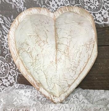 White Wood Heart Bread Dough Bowl, Rustic French Country Carved Centerpiece N