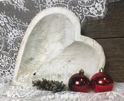 White Wood Heart Bread Dough Bowl, Rustic French Country Carved Centerpiece M