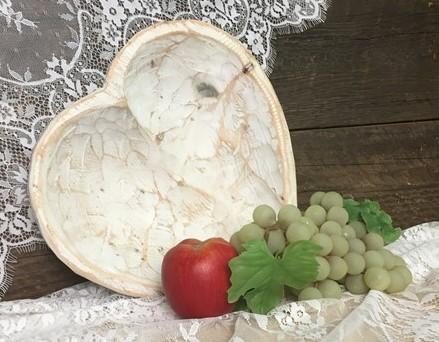 White Wood Heart Bread Dough Bowl, Rustic French Country Carved Centerpiece J