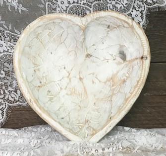 White Wood Heart Bread Dough Bowl, Rustic French Country Carved Centerpiece J