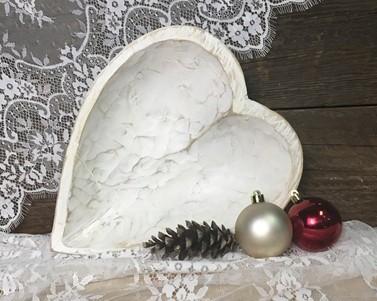 White Wood Heart Bread Dough Bowl, Rustic French Country Carved Centerpiece I