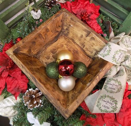 Square Wooden Bread Dough Bowl, Rustic French Country Carved Centerpiece C,