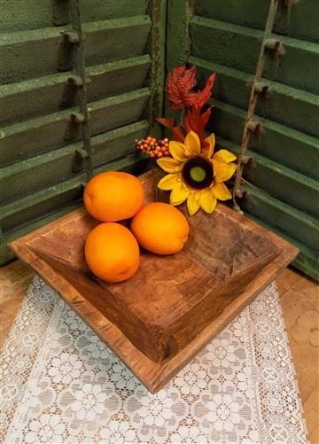 Square Wooden Bread Dough Bowl, Rustic French Country Carved Centerpiece D,