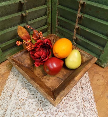 Square Wooden Bread Dough Bowl, Rustic French Country Carved Centerpiece F,