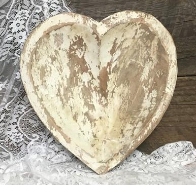 White Wood Heart Bread Dough Bowl, Rustic French Country Carved Centerpiece X