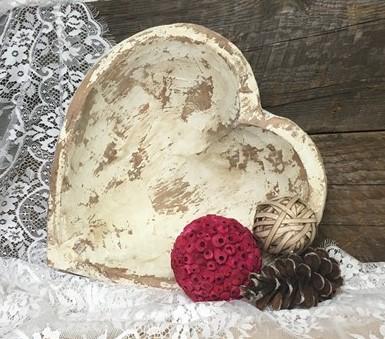 White Wood Heart Bread Dough Bowl, Rustic French Country Carved Centerpiece W