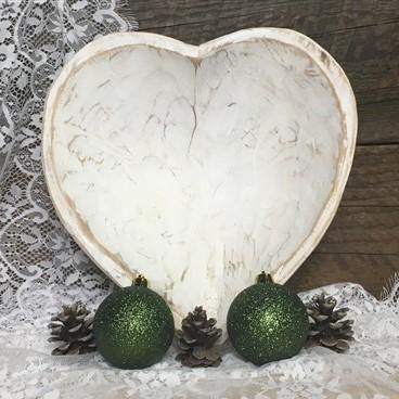 White Wood Heart Bread Dough Bowl, Rustic French Country Carved Centerpiece V