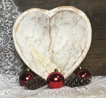 White Wood Heart Bread Dough Bowl, Rustic French Country Carved Centerpiece T