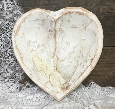 White Wood Heart Bread Dough Bowl, Rustic French Country Carved Centerpiece T