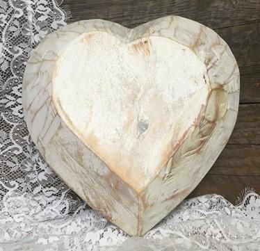 White Wood Heart Bread Dough Bowl, Rustic French Country Carved Centerpiece T