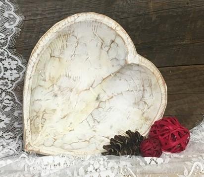 White Wood Heart Bread Dough Bowl, Rustic French Country Carved Centerpiece S